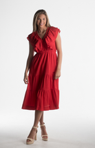 Red midi dress with ruffle sleeves and V-neckline from our boutique in Chicago, Lake Geneva, and Milwaukee. Perfect for a chic and elegant look.