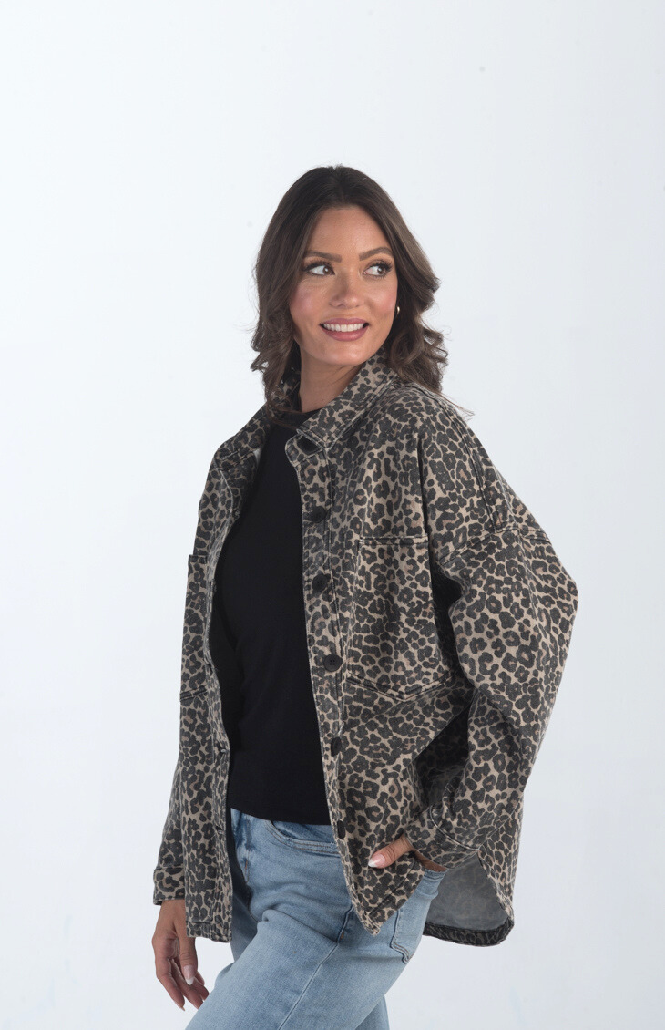 Introducing the Bowie Leopard Shacket, a trendy leopard print shacket. This button-down denim jacket features a bold leopard print, making it a standout piece for layering and adding flair to any outfit.

Fabric: 98% Cotton, 2% Spandex

Size Guide: Fits True To Size, Model is Wearing a Size S

Available at our boutiques in Chicago, Lake Geneva, and Milwaukee. (Item availability may vary by location.)