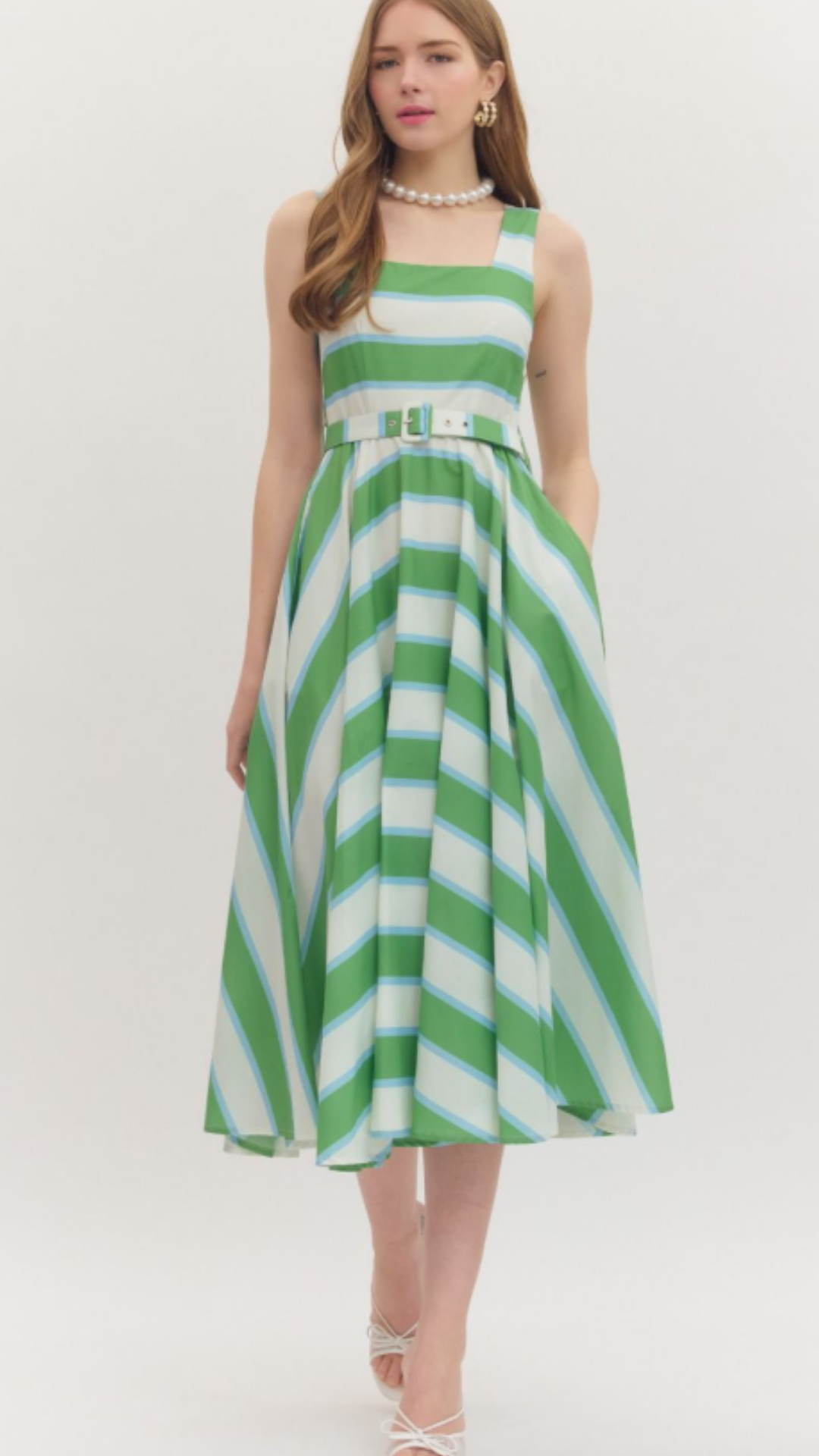 Striped Sleeveless Midi Dress with Belt L / Green