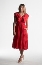 Red midi dress with ruffle sleeves and V-neckline from our boutique in Chicago, Lake Geneva, and Milwaukee. Perfect for a chic and elegant look.