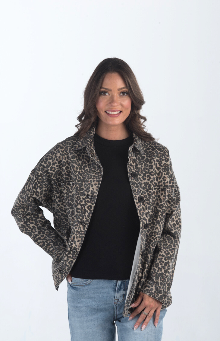 Introducing the Bowie Leopard Shacket, a trendy leopard print shacket. This button-down denim jacket features a bold leopard print, making it a standout piece for layering and adding flair to any outfit.

Fabric: 98% Cotton, 2% Spandex

Size Guide: Fits True To Size, Model is Wearing a Size S

Available at our boutiques in Chicago, Lake Geneva, and Milwaukee. (Item availability may vary by location.)