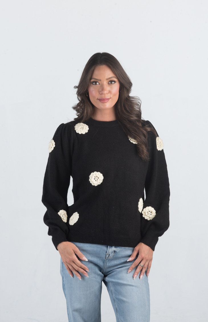 Introducing the Be Different Sweater, a cozy black sweater adorned with white flowers, perfect for adding a touch of charm to your wardrobe. With its soft material, long sleeves, and crew neckline, this sweater offers both comfort and style, making it ideal for any casual outing.

Fabric: 52% Acrylic, 28% Nylon, 20% Polyester

Size Guide: Fits True To Size, Model is Wearing a Size S

Available at our boutiques in Chicago, Lake Geneva, and Milwaukee. (Item availability may vary by location.)